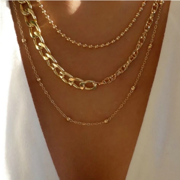 Beautiful  3 Layer Gold Curb Choker Necklace, Curb Chain Necklace - Picture 1 of 5